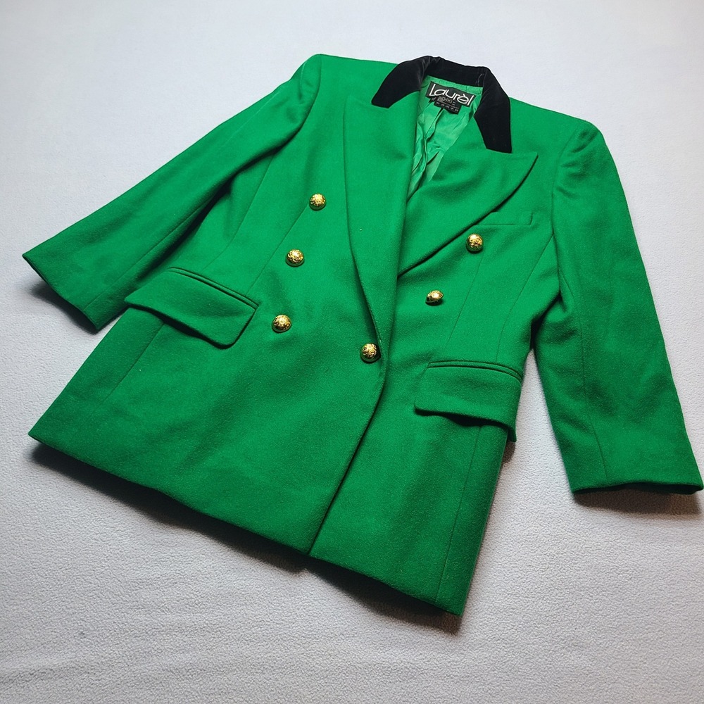 Laurel Blazer Womens 38 Green Excellent Wool Cashmere Velvet Double Breasted
